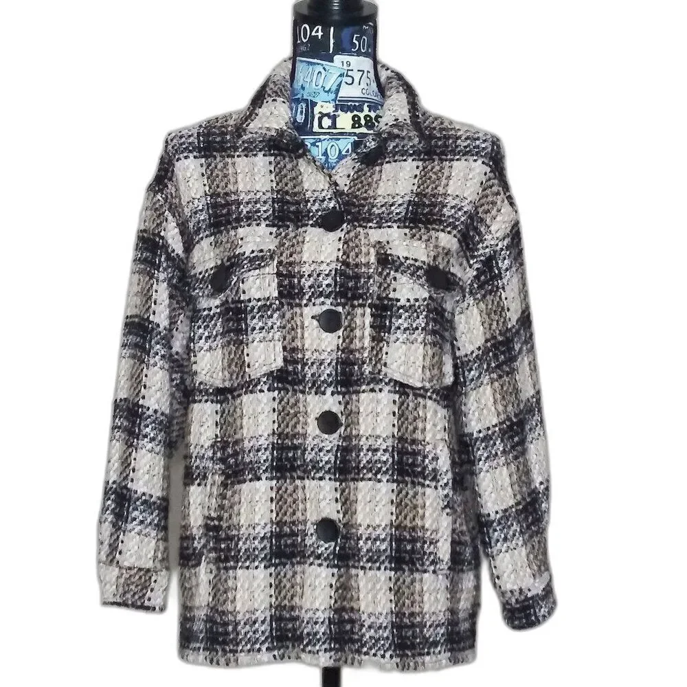 ZARA Tweed Plaid Button Up Shacket M Chunky Overshirt Jacket Oversized Neutral